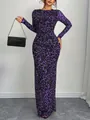 Dettaglio dell'abito lungo in mesh leopardato viola con vestibilità slim ed elegante. - S / Viola