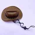 Miniature brown pet cowboy hat with adjustable elastic strap and golden star band - Small / Brown