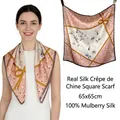 Elegant 65x65cm floral mulberry silk square scarf with ribbon patterns for women - Gift Rose