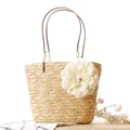 Stylish handmade straw woven beach tote bag featuring a large decorative flower charm - Original Color