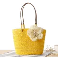 Stylish yellow woven straw tote bag with large cream flower for summer beach vacations - Yellow