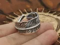Macro detail of S925 sterling silver feather ring featuring vintage coin pattern engravings - Adjustable Open / Style A (Suitable for Size 16-22#)