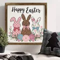 Detailed view of a wooden Easter plaque featuring three patterned bunnies and floral accents. - Easter Bunny (24) / 20*20*0.6CM