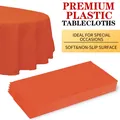 Premium orange disposable PEVA plastic tablecloth for round tables at parties - 213cm (84in) 3-Silk 90g / Orange