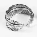 Vintage S925 sterling silver open feather ring with antique finish for men and women - Adjustable Open / Style B Black Large (Suitable for 16-22#)