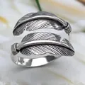 Vintage S925 Thai silver open ring featuring an intricate Indian eagle feather design. - Adjustable Open / Style E Double Feather (Suitable for 15-22#)