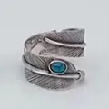Vintage S925 sterling silver feather ring with turquoise stone - Adjustable Open / Style 6 Feather (With Turquoise)