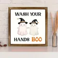 Targa decorativa di Halloween con cornice in legno e testo Wash Your Hands Boo fantasma - Citazioni di fantasmi di Halloween (2) / 20*20*0.6CM