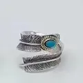 S925 sterling silver open feather ring with turquoise stone inlay for men and women - Adjustable Open / Style 4 Feather (Blue Turquoise)