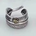 Vintage S925 sterling silver open feather ring with detailed engraved eagle wing pattern - Adjustable Open / Style 12 Feather (Gold Badge)