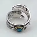 Vintage S925 sterling silver feather open ring with turquoise stone inlay for men and women - Adjustable Open / Style 10 Feather (Blue-Green Turquoise)