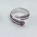 Vintage S925 sterling silver adjustable open feather ring featuring a small red gemstone - Adjustable Open / Style 16 Feather (Red Rhinestone)