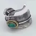 Adjustable Thai silver feather ring with green turquoise stone inlay, vintage style jewelry - Adjustable Open / Style 7 Feather (Green Gem)