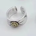 Vintage Thai silver open ring with sun motif and Indian style feather engraving - Adjustable Open / Style 13 Feather (Sun Badge)