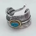 Antique S925 sterling silver feather open ring with a blue turquoise stone inlay design - Adjustable Open / Style 8 Feather (Oval Blue Turquoise)