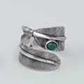 Vintage S925 sterling silver feather adjustable open ring with green turquoise stone - Adjustable Open / Style 5 Feather (Double Stacked)