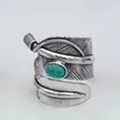 Vintage handmade S925 Thai silver open feather ring with green turquoise stone - Adjustable Open / Style 2 Feather (Realistic Texture)