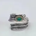 Vintage S925 silver feather wrap ring with turquoise stone inlay, open band style. - Adjustable Open / Style 3 Feather (Wrap-Around)