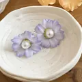 Elegant purple fabric flower stud earrings featuring a central pearl, SKU variant - Blue