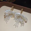 Elegant French style white flower earrings featuring pearl beaded tassels and gold hoops. - Large Flower Pattern / White
