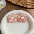 Elegant pink fabric flower stud earrings with pearl center in French style - Pink