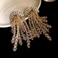 Exquisite champagne crystal tassel earrings with sparkling rhinestone studs for women - Silver Pin Tassel Style / Gold Brown