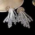 Detail view of sparkling silver needle earrings with rhinestone studs and crystal tassels. - Silver Pin Tassel Style / Gold-White