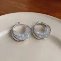 Close-up of silver crescent moon boat earrings with intricate mesh and crystal details - Silver Needle / Silver