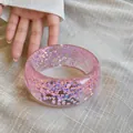 Fashionable pink resin round bangle with colorful iridescent glitter flakes for women - Pink