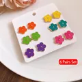Set di 6 paia di orecchini a lobo a forma di fiore in smalto colorato con aghi - Set da 12 Paia / Ago d'Argento-Fiori Colorati