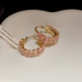 Detailed view of vintage pink zircon wheat-pattern hoop earrings in elegant gold plating - Ear Buckle / Gold-Pink