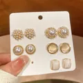 Detailed view of elegant silver needle earring set with pearl and geometric stud designs - 10 Pieces Set / Gold