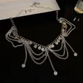 Macro view of silver ethnic multi-layer body chain with vintage bohemian coin charms - Style 21#