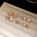 Set of 5 pairs of elegant cat's eye stone earrings with gold-tone frames - Geometric Multi-Style Combination / 5 Pairs Set / Gold