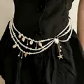 Bohemian multi-layer pearl waist chain with shell and starfish charms on black dress - Style 43