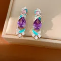 Elegant court style drop earrings with purple pear zircon and turquoise enamel accents - Earrings / Silver/Purple