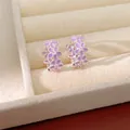 Elegant purple enamel flower hoop earrings for women with sparkling zircon details. - Silver Base Flower Ear Buckle / Purple