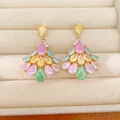 Detailed view of 14k gold plated fan-shaped earrings featuring colorful pear-cut zircon stones - 14k Gold Plated Tassel Style (HE34194) / Gold (Multicolor Zirconia)