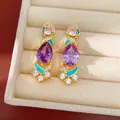 Vintage palace style earrings with purple pear-shaped zircon and turquoise enamel detail - Earrings / Gold/Lavender
