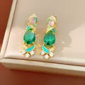 Vintage court style green zircon drop earrings with turquoise enamel and gold plating - Earrings / Gold/Green