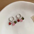Retro 18k gold plated hoop earrings with red green zircon and pink cat's eye pendants - Green Red Ear Buckle