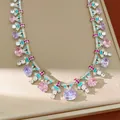 Luxurious palace style necklace with colorful oval zircons and enamel fan charms. - Necklace / Silver/Pink/Lavender