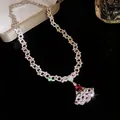 Exquisite funkelnde Halskette in Silber mit rotem Edelstein und fächerförmigem Zirkonia-Anhänger - Halskette / Silber-Rot