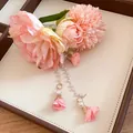Exquisite pink fabric floral hair clip with pearl tassel dangles and elegant rose design - Duckbill Clip-Pink