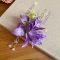 Elegant purple fabric flower hair clip featuring pearl tassels and bellflower charms - Alligator Clip - Purple Green