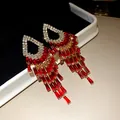 Elegant high-end red rectangle crystal tassel earrings with sparkling clear zircon studs - Red