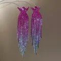 Detailed view of pink to silver gradient rhinestone tassel earrings with sparkle - Crown Shape Gradient Tassel Style (22#)
