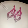 Close-up detail of pink rhinestone tassel earrings with sparkling rhombic dangle design - Rhombus Gradient Tassel Style (26#)