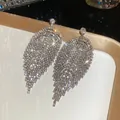 Detailed view of silver-toned rhinestone tassel earrings with sparkling leaf design - Leaf Rhombus Tassel Style (28#)