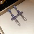 Sparkly cross drop earrings with blue and clear rhinestones in silver finish - Cross Geometric Tassel Style (49#)